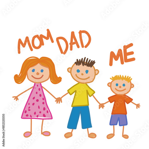 Cute cartoon illustration of a small family with mother, father, and child holding hands. Friendly hand drawn style suitable for kids education, family concepts, and nursery designs