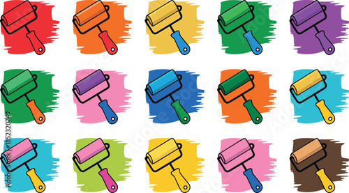 Colorful paint roller icon set with vibrant brush stroke backgrounds, creative vector illustrations for home renovation and design projects