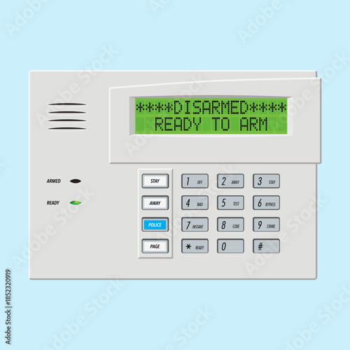 Security system alarm keypad control panel with display. Editable EPS 10 Vector graphic illustration isolated on light blue background.