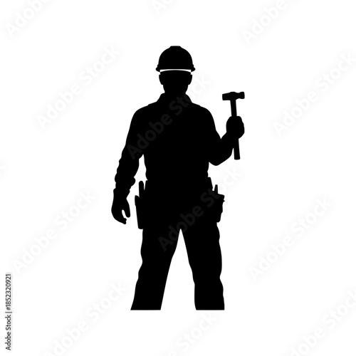 Industrious Construction Worker Holding Hammer While Wearing Hard Hat and Tool Belt, Isolated White Background.