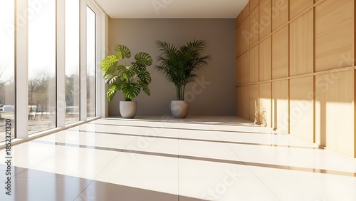Sunlit Empty Modern Room Interior with Large Windows and Green Plants in Minimalist Urban Apartment View