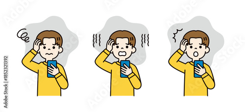 スマートフォンを見て、困る・落ち込む・驚く10代の男性のベクターイラスト素材セット＿カラー