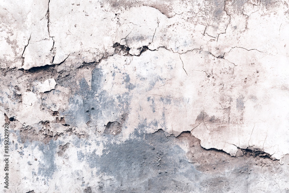 Fototapeta premium Cracked White Plaster Wall Texture with Blue Underlay in Natural Lighting