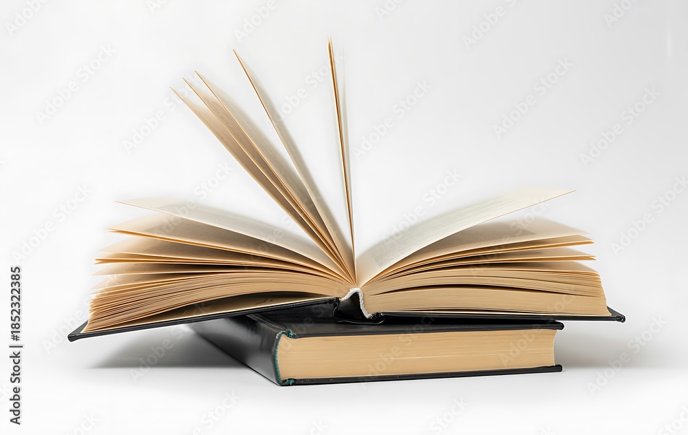 Fototapeta premium An open book resting on top of a closed book isolated on white