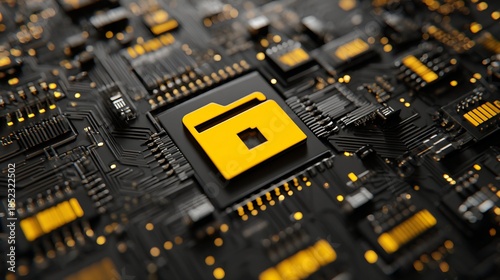 Detailed Black and Yellow Circuit Board with Central Data Folder Icon in Warm Ambient Lighting