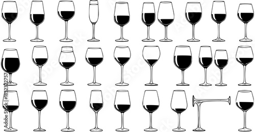 Collection of Wine Glasses and Champagne Flutes Black and White Line Art Vector Icons. Variety of Glassware for Beverage Industry, Restaurant Menus, Alcohol Drinks, and Bar Design.