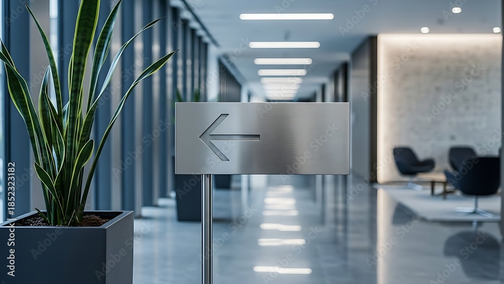 Obraz premium Directional Signage, Modern Office Corridor, Corporate Environment, Interior Viewpoint, Workspace Design Concept