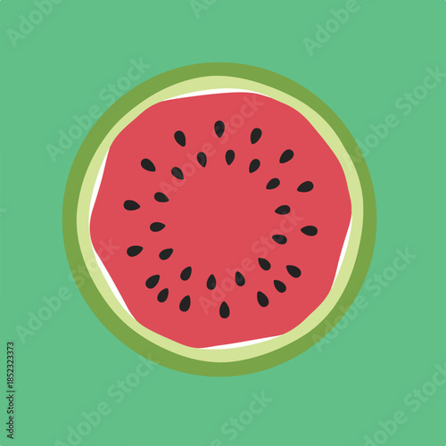 A vibrant, minimalist illustration of a round watermelon slice with red flesh and black seeds, set against a cheerful green background.