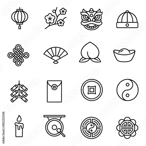 Chinese New Year Traditional Line Icons Set