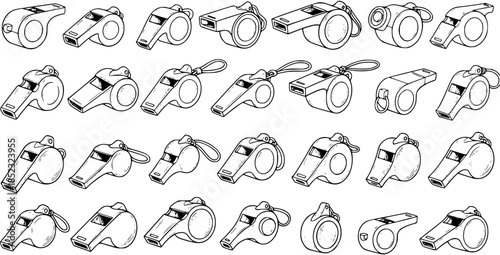 Black and White Line Art Illustration of Various Whistles, Sports Equipment, Referee Accessory