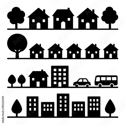 Layered vector silhouette cityscape with houses, trees, and vehicles