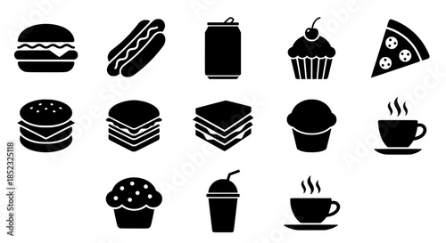 Monochrome silhouette grid of fast-food icons including burgers, hotdogs, pizza, cupcakes and drinks