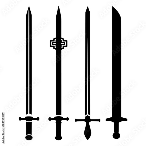 Row of Four Black Sword Silhouettes in a Minimalist Vector Illustration