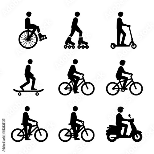 Grid of Silhouette Transportation Icons: Wheelchair, Rollerblades, Scooter, Skateboard, and Bicycle