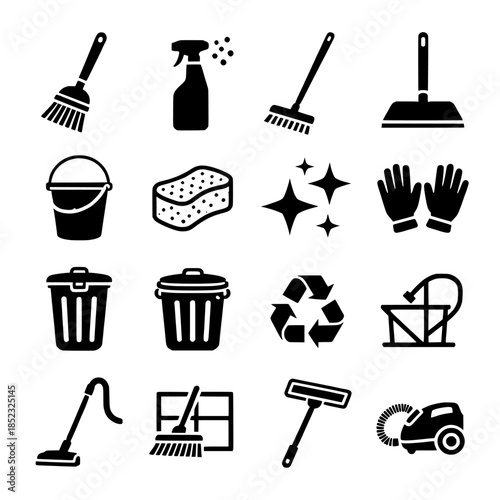 Vector silhouette cleaning tools icon set: black icons of brooms, mops, spray bottles, buckets, gloves and recycle symbols