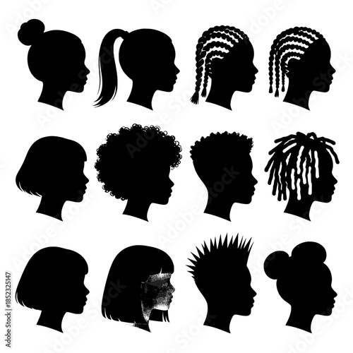 Monochrome Vector Silhouette Grid of Diverse Hairstyles