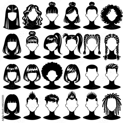 Grid of Diverse Hair Silhouettes in Black and White Vector Illustration