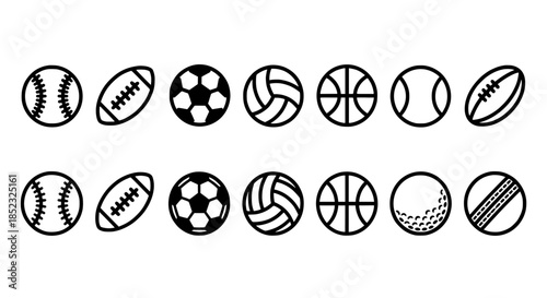Two-row vector silhouette of assorted sport balls arranged in a clean grid
