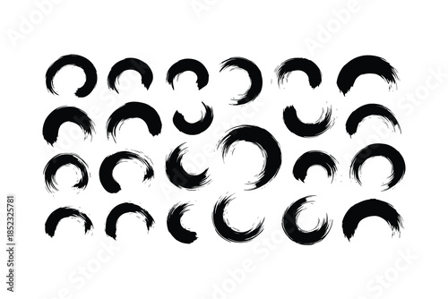 Abstract black brush stroke circles and arcs set