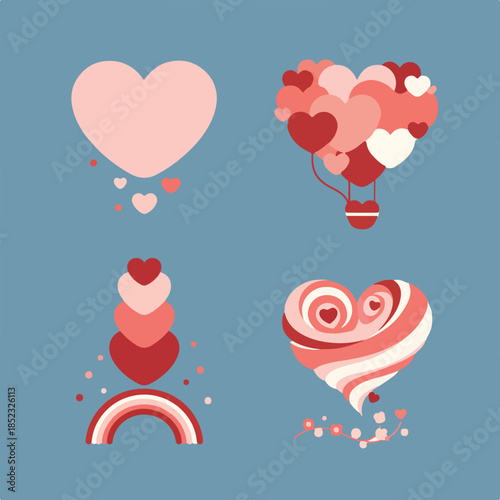 Four unique graphic heart illustrations in pink, red, and white tones, depicting a balloon, a stack, and a swirl, on a blue background.