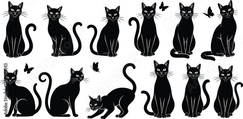 Black cat silhouettes illustration, feline artwork design, whimsical cats poses, decorative animal composition, butterfly accents, Halloween theme, stylized feline posture artwork