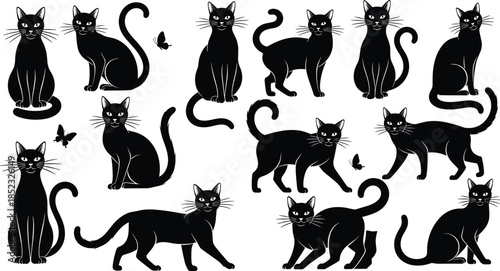 Black cat silhouettes illustration, feline artwork design, whimsical cats poses, Halloween theme, decorative feline art, butterfly accents, stylized animal composition