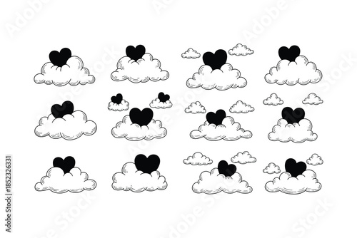 Cute cartoon clouds with black hearts vector set