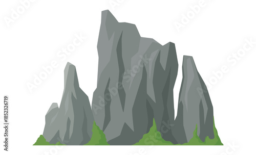 Mountain hill vector illustration showing rocky peaks and green grass with a clear white background