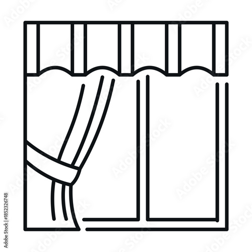 Linear icon of a window with curtains and a decorative top border on a white background