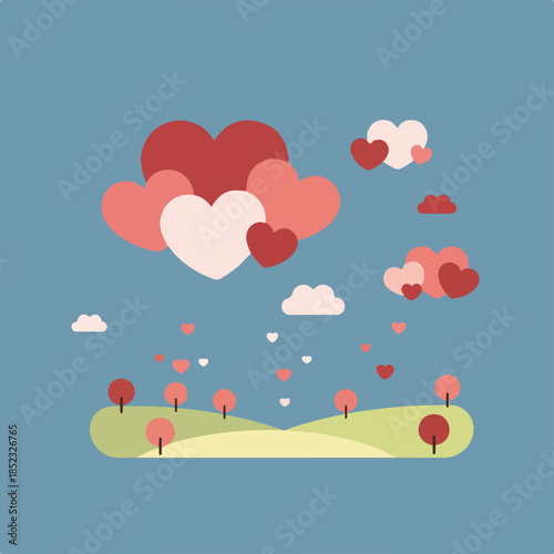 A whimsical flat-design illustration depicts a serene landscape with hills and stylized trees under a sky filled with floating heart-shaped clouds.