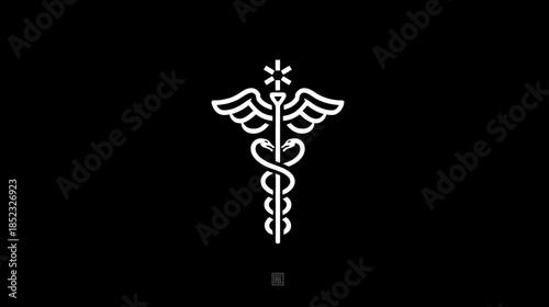 Minimalist White Outline Caduceus Icon on Black Background Representing Medicine and Healthcare Services