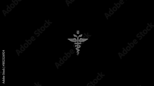 Classic Medical Healthcare Symbol with Intertwined Snakes, Wings, and Plant Elements on Black Background Illustration