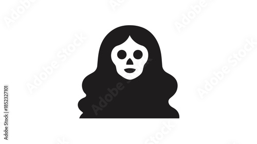 Creepy skull-faced ghost icon with long dark hair, a haunting and mysterious Halloween or horror symbol