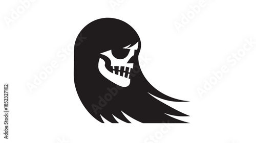 Edgy skull silhouette with long flowing hair, a dark gothic vector graphic on a white background for design and decor