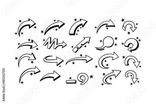 Hand drawn doodle arrows with stars vector set