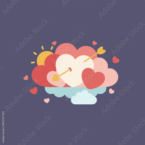 A cute flat design illustration of a cluster of hearts, a sun, and clouds, featuring a central heart pierced by a cupid's arrow on a dark background.