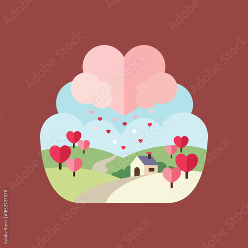A charming flat design scene inside a heart, featuring a cozy house, heart trees, and floating hearts against a blue sky.