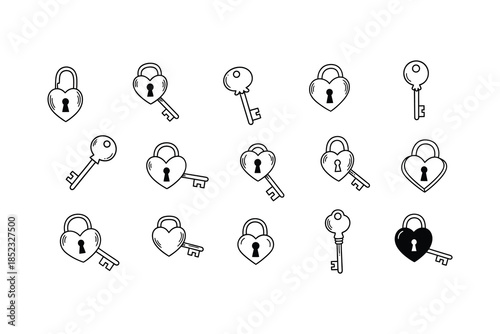 Hand drawn heart lock and key vector icons
