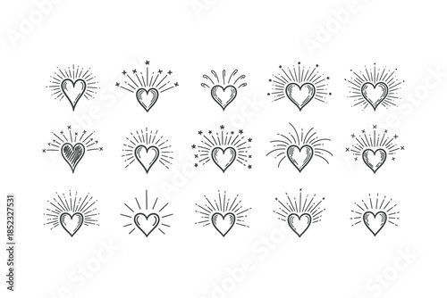 Hand drawn heart sunburst doodle icons set
