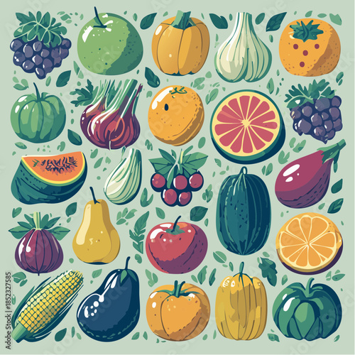 Harvest of Vibrant Delights: An array of fresh, colorful fruits and vegetables, artfully arranged to showcase nature's bounty and culinary inspiration. 