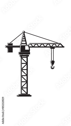 Tower crane silhouette lifting a hook over a clear white sky at a construction site.