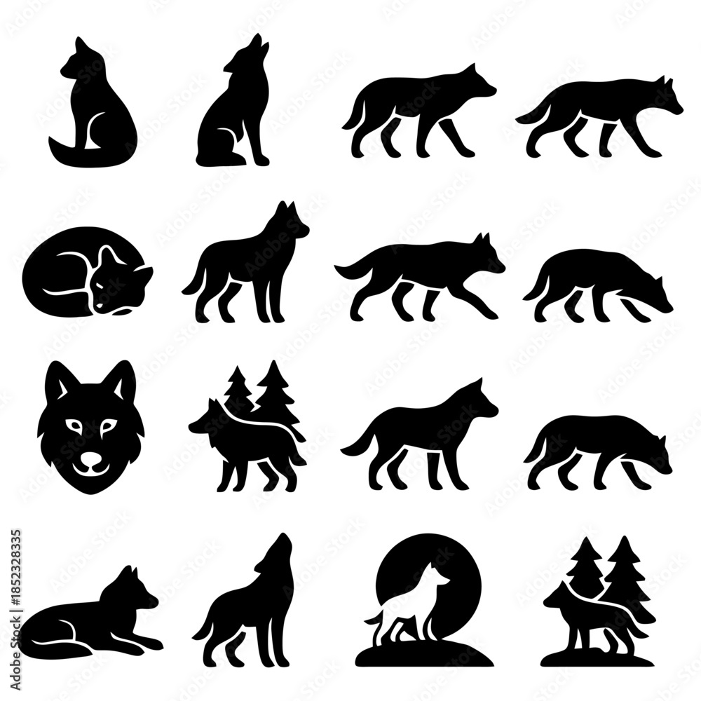 Obraz premium Wolf Silhouette Set: A collection of various stylized wolf silhouettes depicting diverse poses and activities, capturing the essence of the wild animal in clean, simple lines.