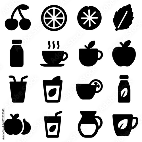 Assortment of Beverage Icons: A collection of meticulously crafted, minimalist icons, offering a glimpse into the refreshing world of beverages, capturing the essence of various drinks.