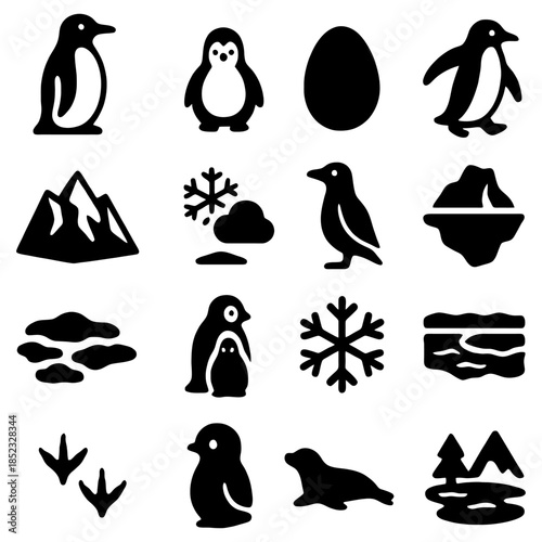 Penguin Icons in Antarctica: A collection of penguin related design elements in monochrome style, perfect for illustrating the Antarctic environment and wildlife. 