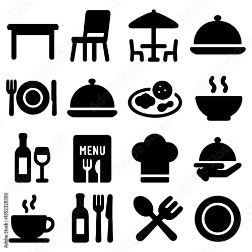 Restaurant Elements: A curated selection of iconic restaurant symbols. From tables and chairs to dishes and cutlery, these elegant icons offer a glimpse into the art of dining.