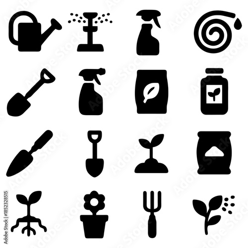 Garden Icons: A curated collection of essential gardening icons, including a watering can, a garden fork, a seedling, and other symbolic illustrations.