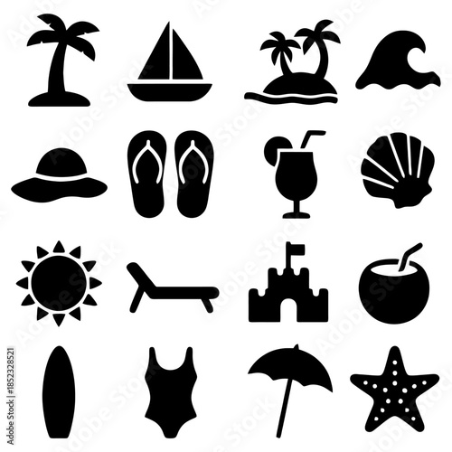Beach Holiday Symbols: A collection of meticulously crafted, monochrome icons evoking the spirit of summer vacations, perfect for conveying a carefree beach holiday vibe.