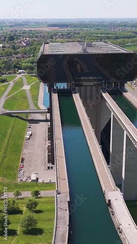strépy thieu boat lift structure surrounding area le rœulx hainaut belgium to left right side front drone shot strépy-thieu aerial videography 
