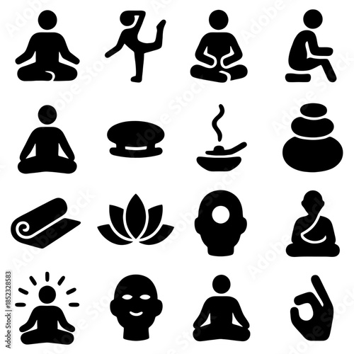 Mindful Moments: A collection of simple black-and-white icons representing diverse meditation, yoga, and mindfulness poses and elements, encouraging inner peace and mental well-being.