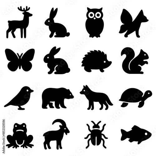 Wildlife Icons: A set of minimalistic black and white icons representing various animals, perfect for design and illustrating diverse fauna.